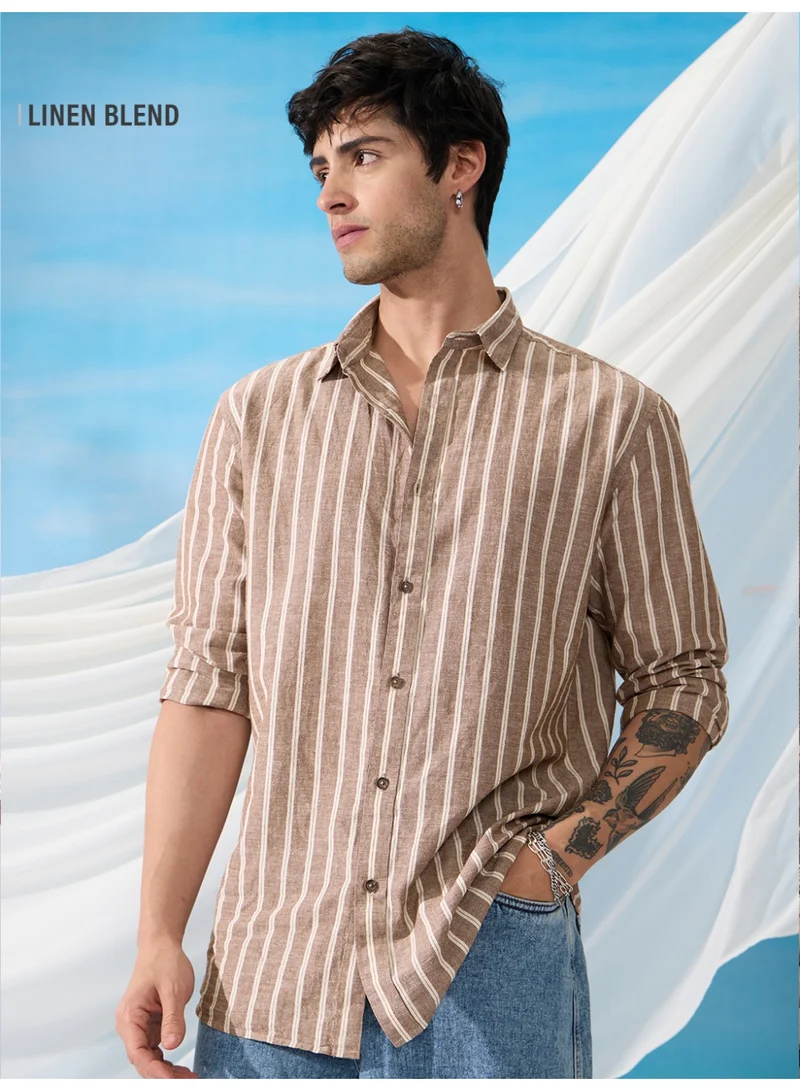 The Souled Store The Souled Store Men Dune Striped Brown Regular Fit Cotton Linen Shirts