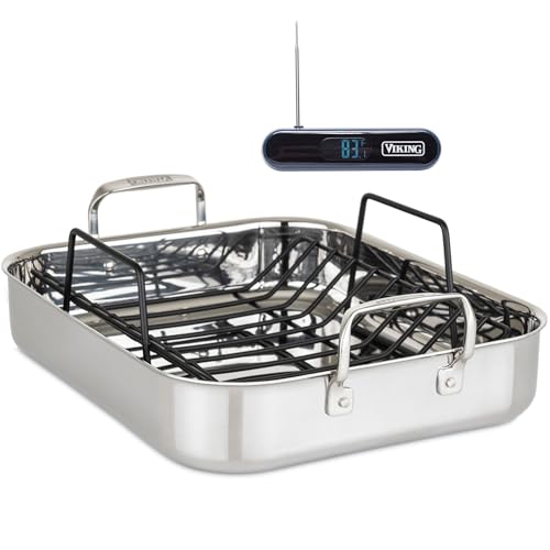Viking 3Ply Stainless Steel Roasting Pan with Non Stick Rack 16 x 13 Inch Kitchen Cookware Great for Turkey Includes Probe Thermometer Dishwasher and Oven Safe Induction Ready Silver - Image 1