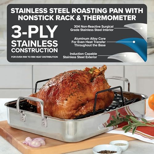Viking 3Ply Stainless Steel Roasting Pan with Non Stick Rack 16 x 13 Inch Kitchen Cookware Great for Turkey Includes Probe Thermometer Dishwasher and Oven Safe Induction Ready Silver - Image 3
