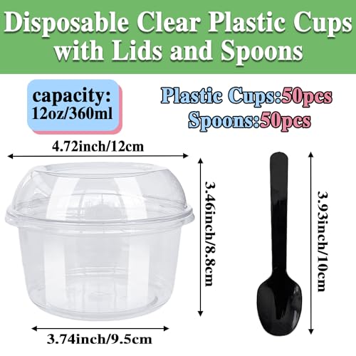 Alaeseje 50 Pack 12 oz Disposable Clear Plastic Cups,PET Dessert Cups with Lids and Spoons,Disposable Snack Bowls for Cupcake,Pudding,Snacks,Yogurt,ParfaitFruits,Mousse - Image 2
