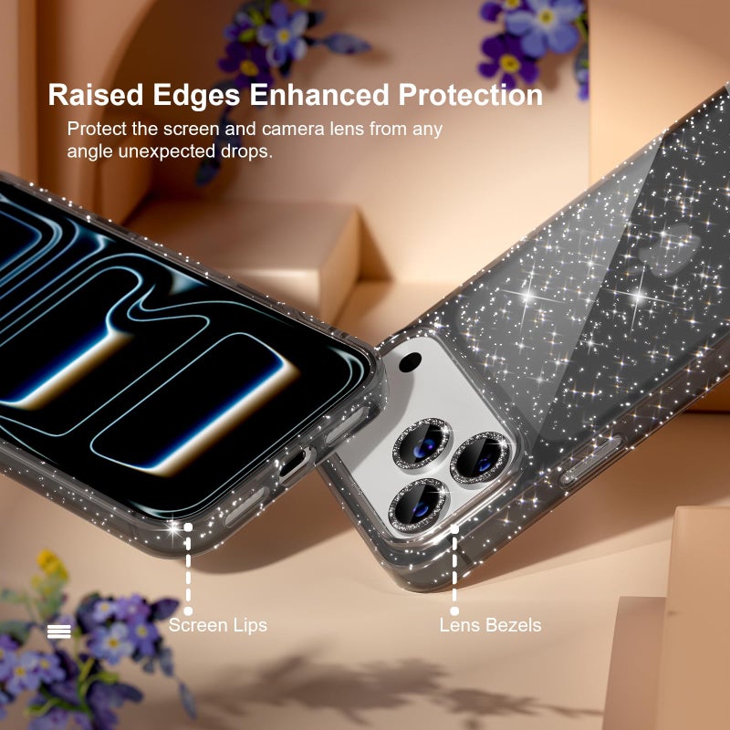 Choiche Compatible for iPhone 17 Pro Max Case, Women Cute Clear Glitter Bling Sparkly Case, [3 x Diamond Camera Lens Protectors] [2 x Tempered Glass Screen Protectors] 6.9-inch (Glitter Black) - Image 4