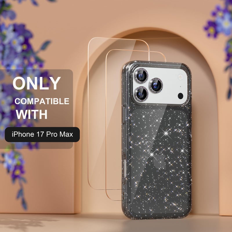 Choiche Compatible for iPhone 17 Pro Max Case, Women Cute Clear Glitter Bling Sparkly Case, [3 x Diamond Camera Lens Protectors] [2 x Tempered Glass Screen Protectors] 6.9-inch (Glitter Black) - Image 2