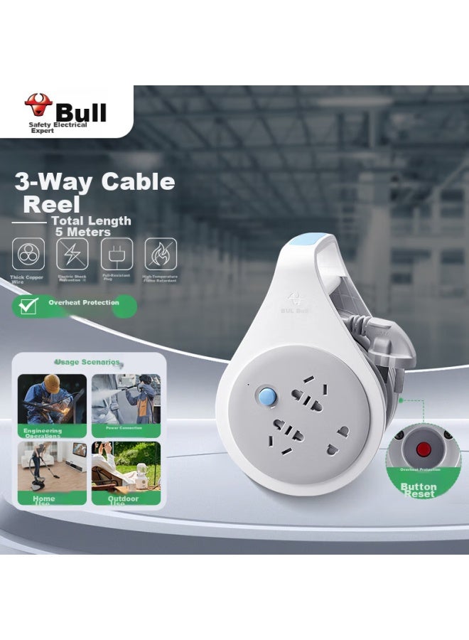 Bull Overheat Protection Engineering Reel/cable Reel Socket/power Strip, Power Socket 250v 10a, Portable, Single-phase 3-outlet Strip, Total Length 5m - Image 1