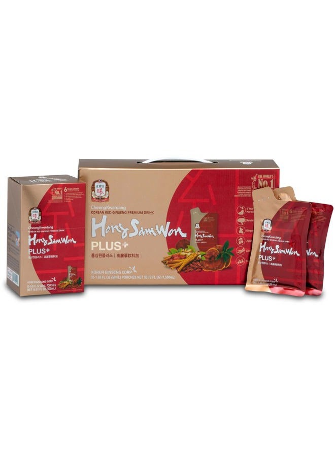 CheongKwanJang HongSamWon Plus Korean Red Ginseng Premium Drink | Energy Drink, Pre Workout, Herbal Tea | Korean Red Ginseng Extract 360mg, Reishi Mushroom, Ginger, Cinnamon, Gojiberry | Vegan Friendly | 30 Count - Image 1
