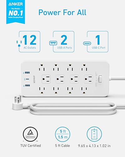 Anker Power Strip with 2100J Surge Protector, Outlet Extender, 5ft Extension Cord with Multiple Outlets, 12 AC, 2 USB A,1 USB C Port for 20W, Home Office, Dorm Room Essentials, TUV Listed - Image 2