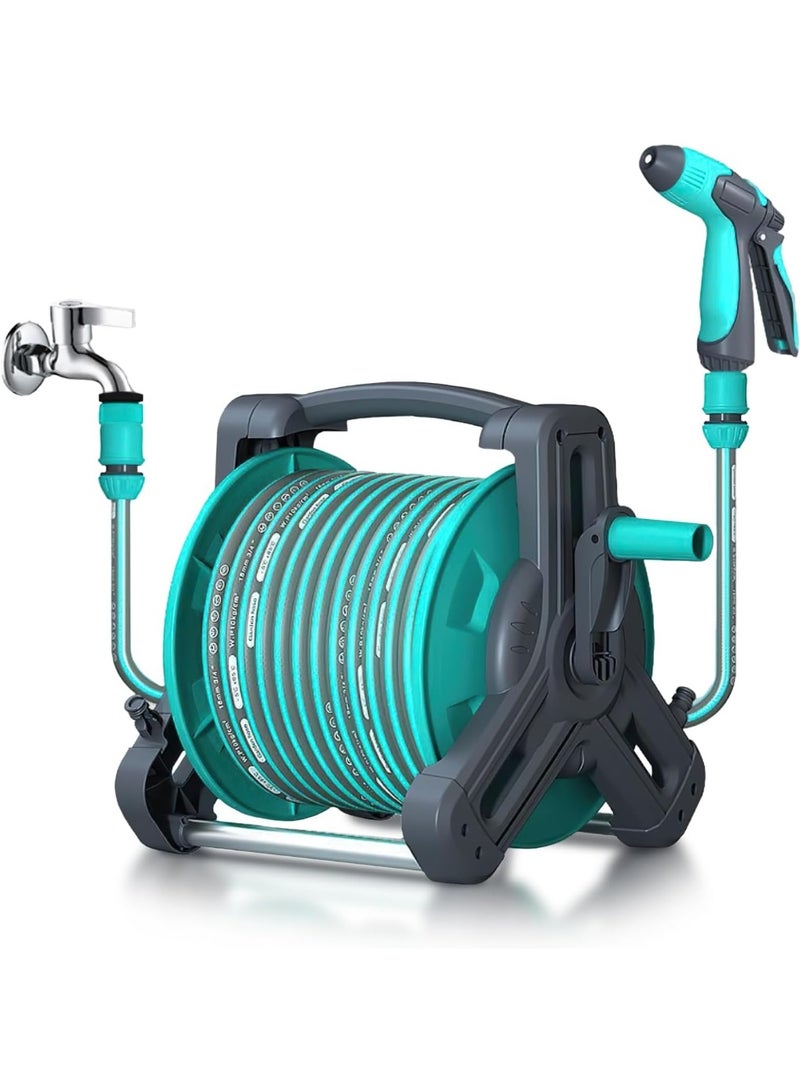 Bukela Garden Hose Reel With 30 M Hose, Retractable Garden Hose Reel Set, 3 Types Of Water Guns and Heavy-duty Holder for Watering Lawns and Washing Cars From Green Mount - Image 1