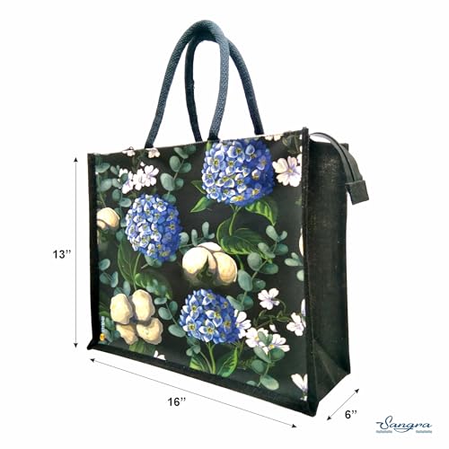 Sangra Multicolor Black Jute Bag For Men and Women Lunch Bag with Zip and handle (Hydrangea flower) - Image 4