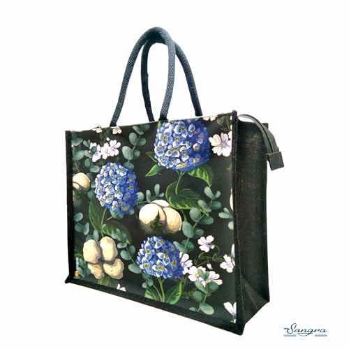 Sangra Multicolor Black Jute Bag For Men and Women Lunch Bag with Zip and handle (Hydrangea flower) - Image 2