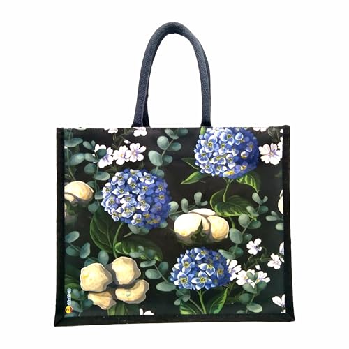 Sangra Multicolor Black Jute Bag For Men and Women Lunch Bag with Zip and handle (Hydrangea flower) - Image 1