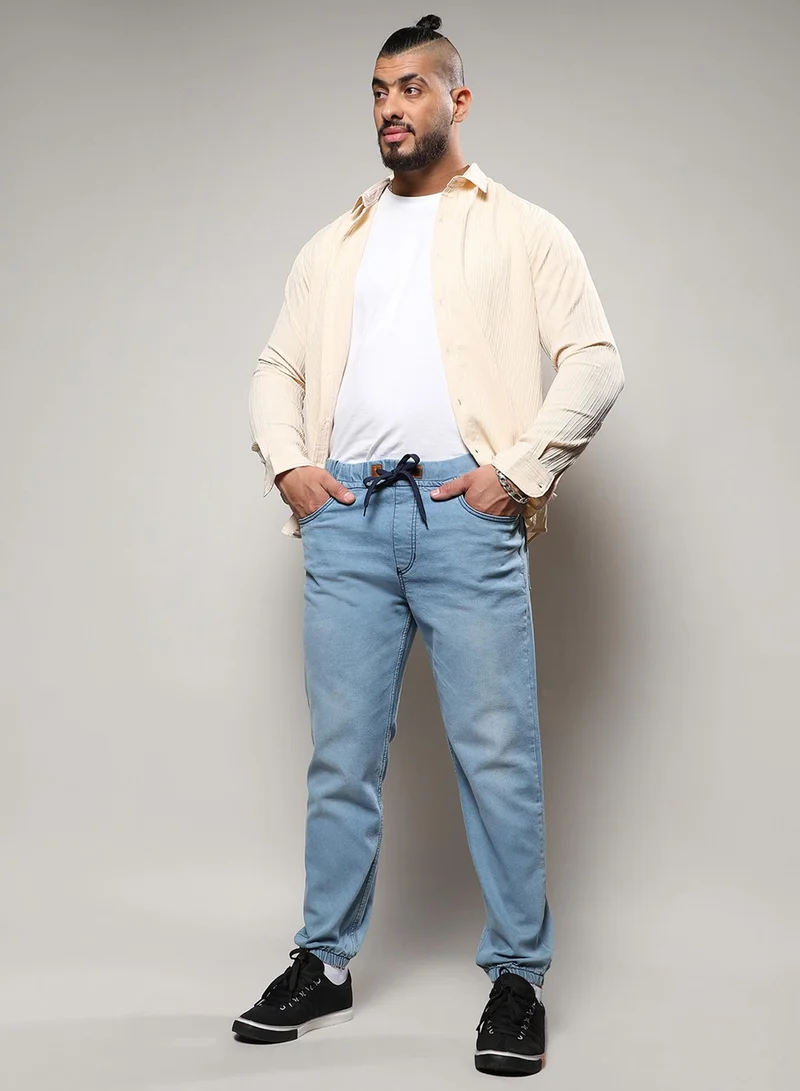 Instafab Plus Instafab Plus Men's Light Blue Cinched Hem Denim Jeans For Casual Wear | Light-Wash | Plus-Size Fit | Drawstring Closure | Denim Jeans Crafted With Comfort Fit For Everyday Wear