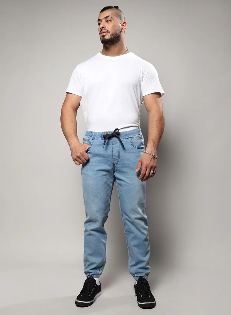 Instafab Plus Instafab Plus Men's Light Blue Cinched Hem Denim Jeans For Casual Wear | Light-Wash | Plus-Size Fit | Drawstring Closure | Denim Jeans Crafted With Comfort Fit For Everyday Wear