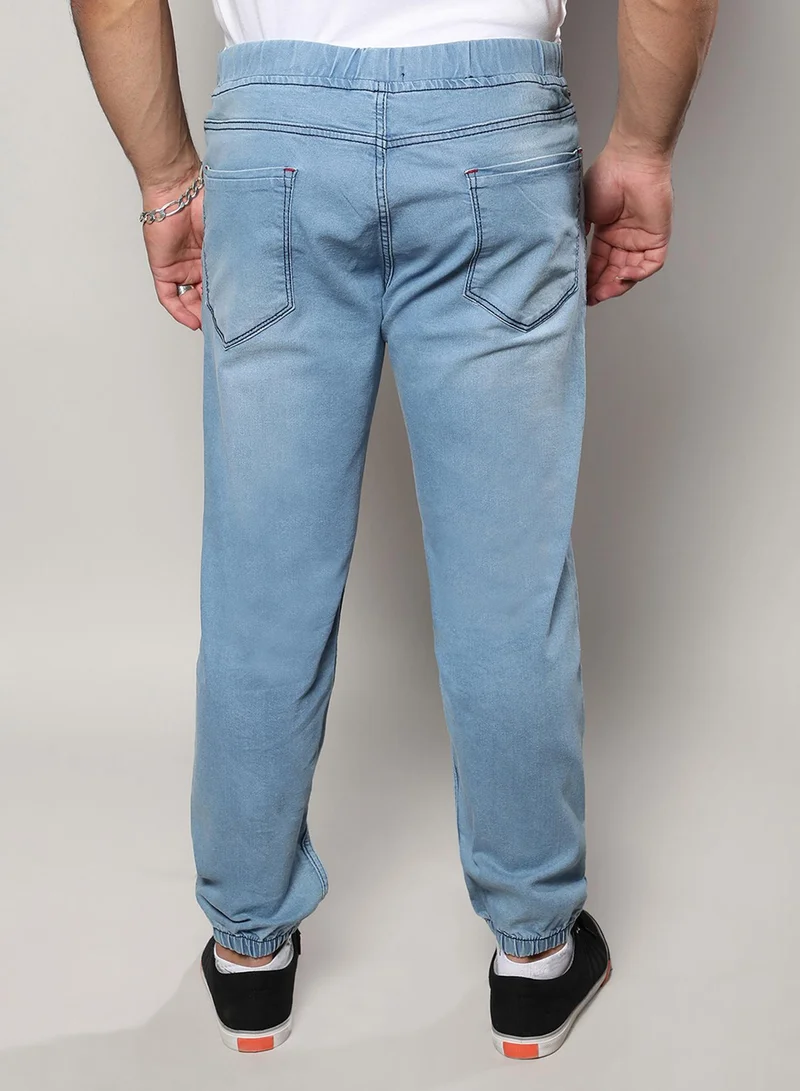 Instafab Plus Instafab Plus Men's Light Blue Cinched Hem Denim Jeans For Casual Wear | Light-Wash | Plus-Size Fit | Drawstring Closure | Denim Jeans Crafted With Comfort Fit For Everyday Wear