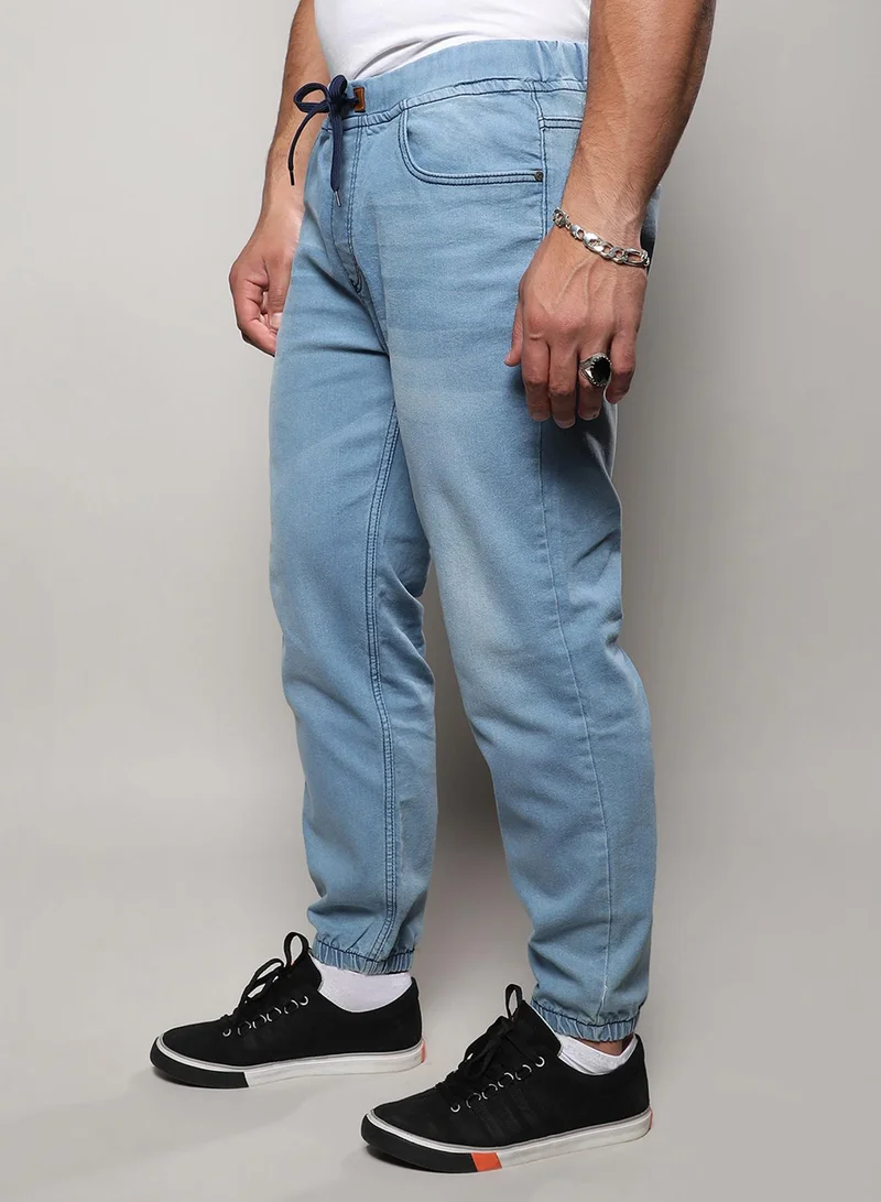 Instafab Plus Instafab Plus Men's Light Blue Cinched Hem Denim Jeans For Casual Wear | Light-Wash | Plus-Size Fit | Drawstring Closure | Denim Jeans Crafted With Comfort Fit For Everyday Wear