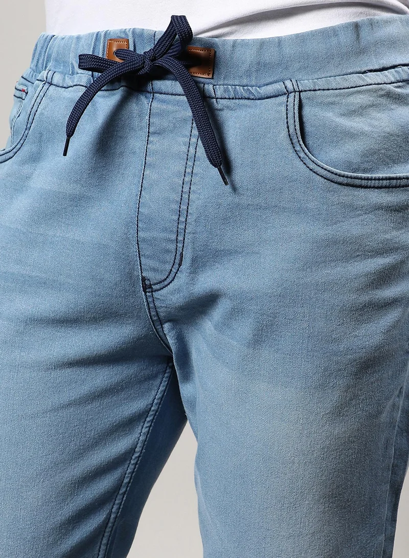 Instafab Plus Instafab Plus Men's Light Blue Cinched Hem Denim Jeans For Casual Wear | Light-Wash | Plus-Size Fit | Drawstring Closure | Denim Jeans Crafted With Comfort Fit For Everyday Wear