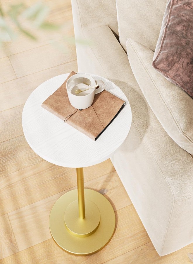 Masupu Drink Table, Round Side Table for Small Spaces, Pedestal Side Table, Small End Table with Metal Base, for Living Room, Bedroom, Bathroom, White Gold - Image 1