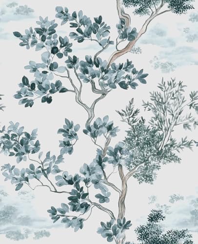 VOLEAAR Peel and Stick Wallpaper Thick Self Adhesive Vinyl Roll Removable Waterproof Contact Paper for Bedroom Bathroom Cabinet Accent Wall Chinoiserie Zen Watercolor Tree Decor Grey Green 175 x 118 - Image 1