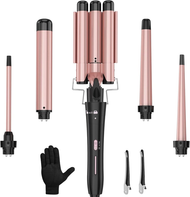USHOW Curling Wand Set Curling Iron Interchangeable 3 Barrel Curler with Ceramic Tourmaline Professional 5 in 1 Wand Curling Ironfor Women with Curler and Waver