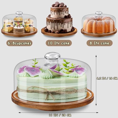 Yangbaga 11IN Wood Cake Stand with Dome Lid, Rotating Cake Stand with Glass Dome- Cake Plate with Cover for Baking Gifts/Birthday Kitchen/Party/Weddings - Image 2