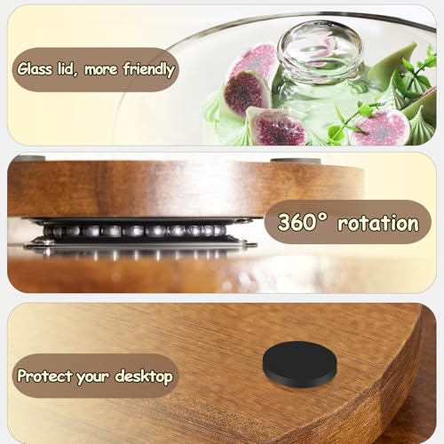 Yangbaga 11IN Wood Cake Stand with Dome Lid, Rotating Cake Stand with Glass Dome- Cake Plate with Cover for Baking Gifts/Birthday Kitchen/Party/Weddings - Image 3