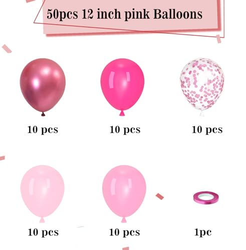 YMSZ Pink Balloons 50pcs 12 inch Chrome Pink Deep Light Pink Balloons for Girls Princess Theme Party Supplies Birthday Baby Shower Party Decorations - Image 5