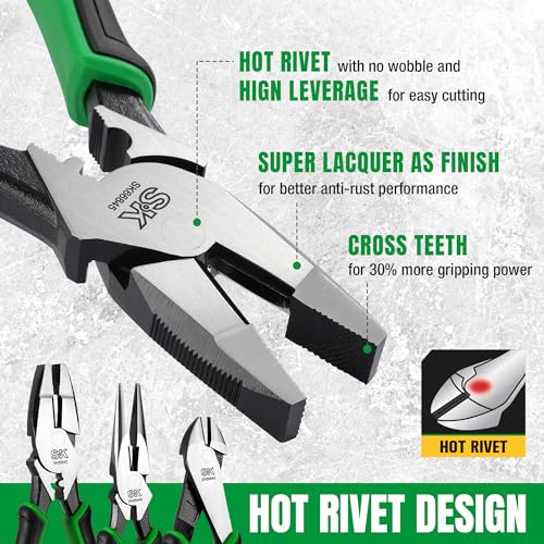 SK 5-Piece Pliers Set, 8" Needle Nose & Slip Joint & Diagonal Pliers, 9.5" Linesman, and 10" Groove Joint, CR-V Construction, Anti-slip Handle, with Rolling Pouch - Image 5