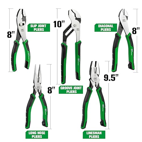 SK 5-Piece Pliers Set, 8" Needle Nose & Slip Joint & Diagonal Pliers, 9.5" Linesman, and 10" Groove Joint, CR-V Construction, Anti-slip Handle, with Rolling Pouch - Image 3