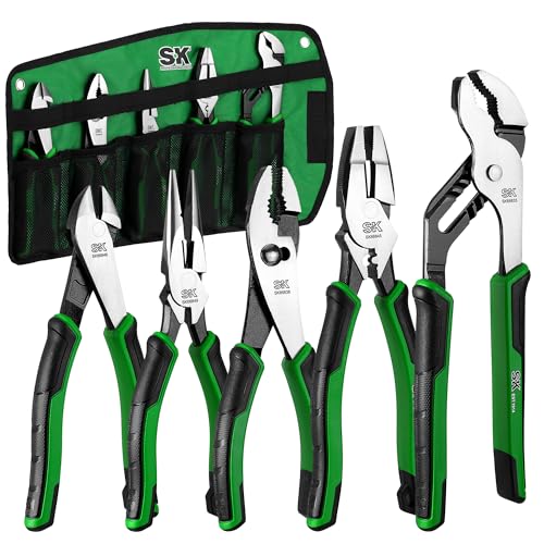 SK 5-Piece Pliers Set, 8" Needle Nose & Slip Joint & Diagonal Pliers, 9.5" Linesman, and 10" Groove Joint, CR-V Construction, Anti-slip Handle, with Rolling Pouch - Image 1
