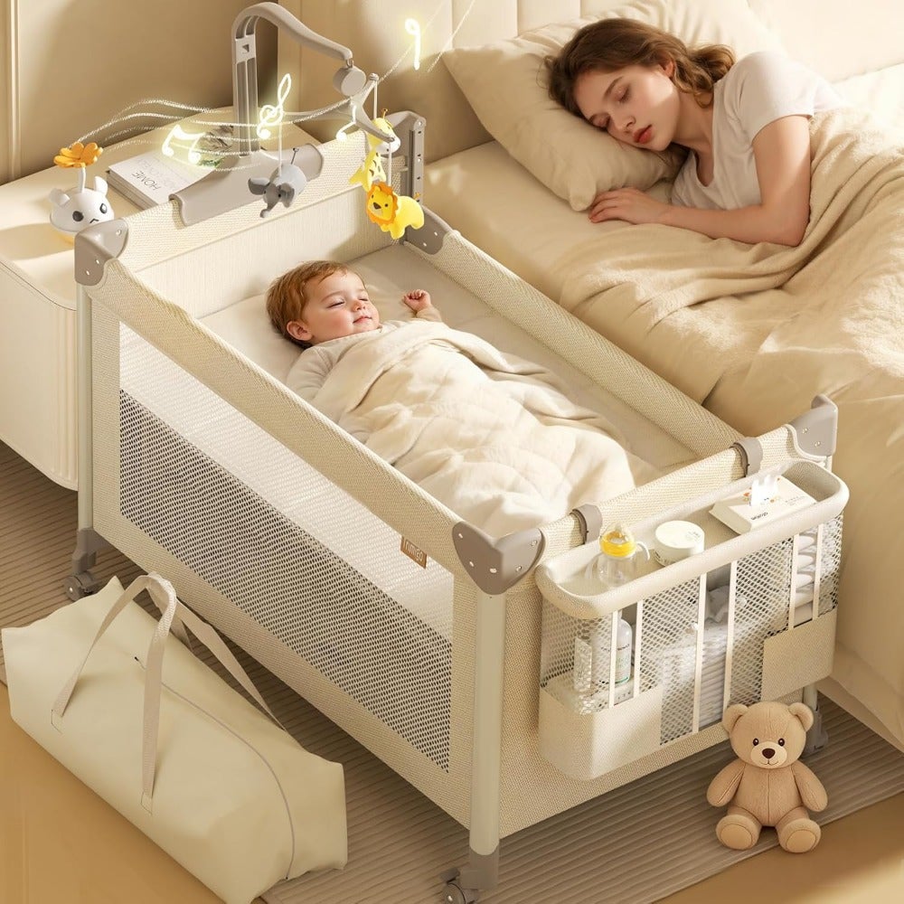 Multi-Functional Baby Crib with Canopy, Mosquito Net, Diaper Changing Table, Storage Basket and Mobile Toy Bar on Wheels