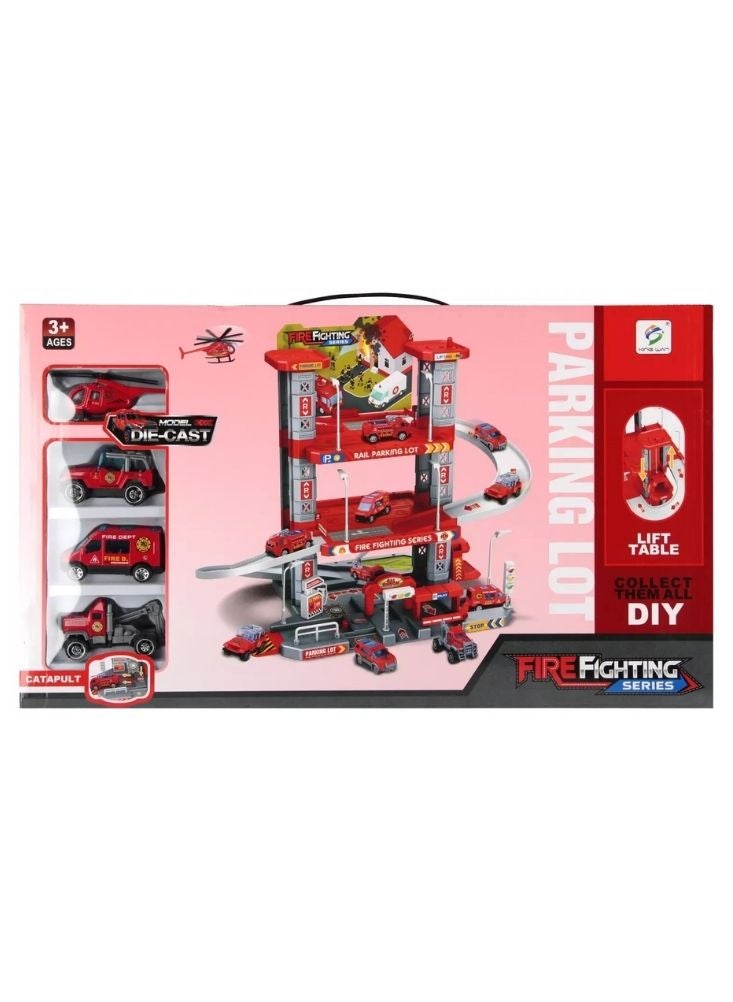 بريميم مجموعة ألعاب موقف سيارات مكافحة الحرائق – مرآب أحمر متعدد المستويات مع شاحنات إطفاء وطاولة رفع وملحقات - Image 2