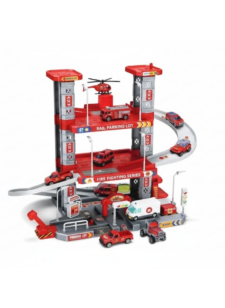 بريميم مجموعة ألعاب موقف سيارات مكافحة الحرائق – مرآب أحمر متعدد المستويات مع شاحنات إطفاء وطاولة رفع وملحقات - Image 1