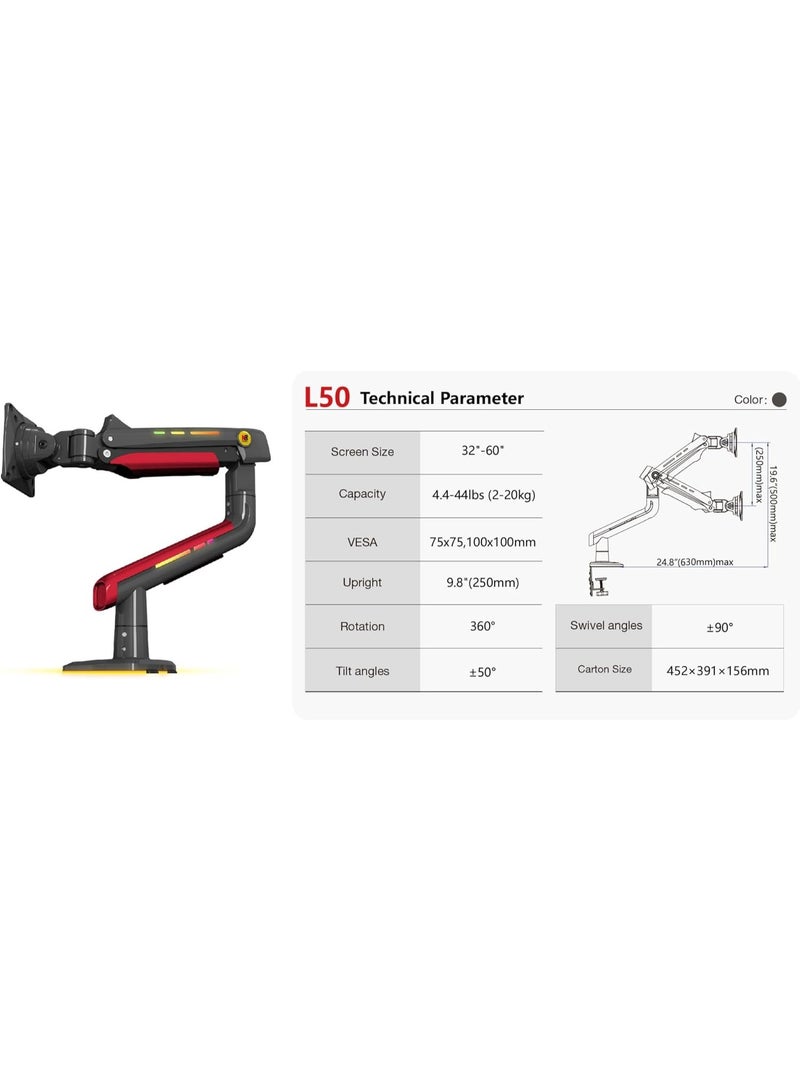 NB NORTH BAYOU NB RGB Gaming Monitor Arm Stand – Heavy-Duty Monitor Holder – Supports 32–60” Screens – 2–20kg - Image 4