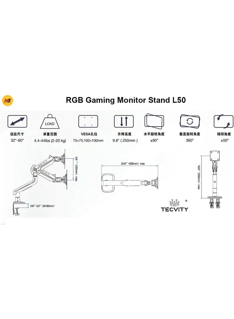 NB NORTH BAYOU NB RGB Gaming Monitor Arm Stand – Heavy-Duty Monitor Holder – Supports 32–60” Screens – 2–20kg - Image 2