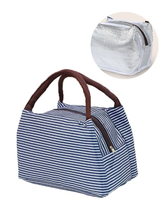 Insulated Lunch Bag Navy Blue/White Stripe, Lunch Tote Bag, Water Resistant Insulated Cooler Bag, Food Handbags Case, High Capacity  - Image 1