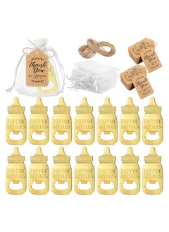 15 Pcs Baby Bottle Opener, Baby Shower Favors, Cute Gold Baby Bottle Shaped Bottle Opener with Organza Bags Thank You Tags, Baby Shower Return Gifts Party Souvenir