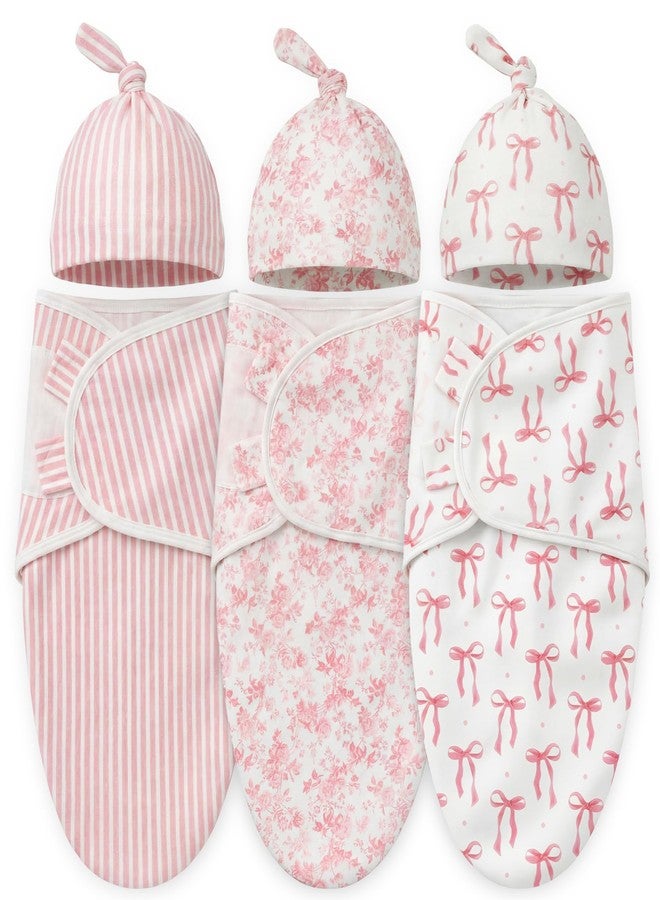 Janmercy 3 Pack Newborn Swaddle Blankets with Matching Hats Soft 100% Cotton Baby Sacks 0-3 Months for Girls Breathable Pink Floral Striped & Bow Print Swaddling Wraps Infant Essentials - Image 1