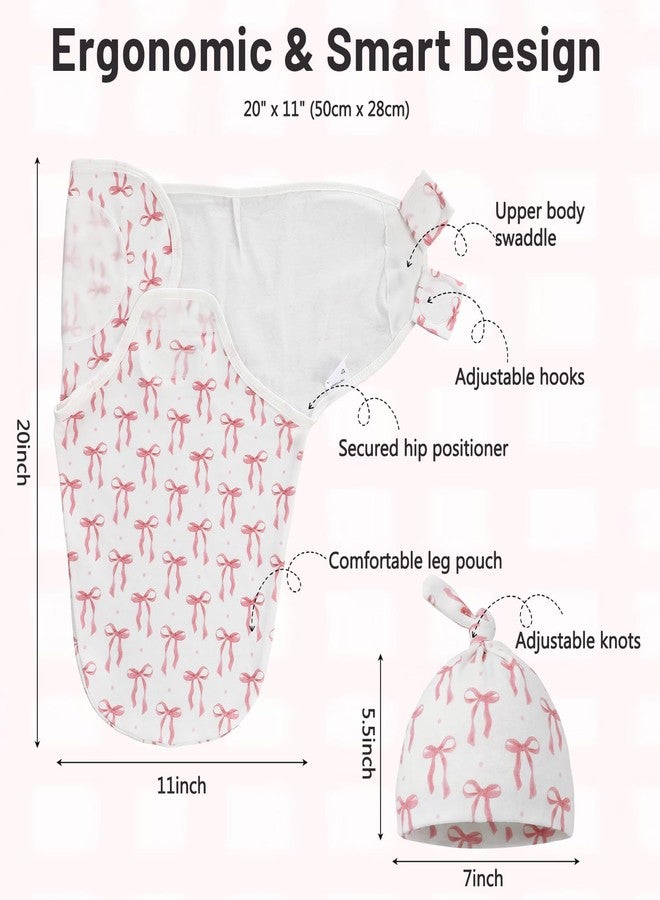 Janmercy 3 Pack Newborn Swaddle Blankets with Matching Hats Soft 100% Cotton Baby Sacks 0-3 Months for Girls Breathable Pink Floral Striped & Bow Print Swaddling Wraps Infant Essentials - Image 2