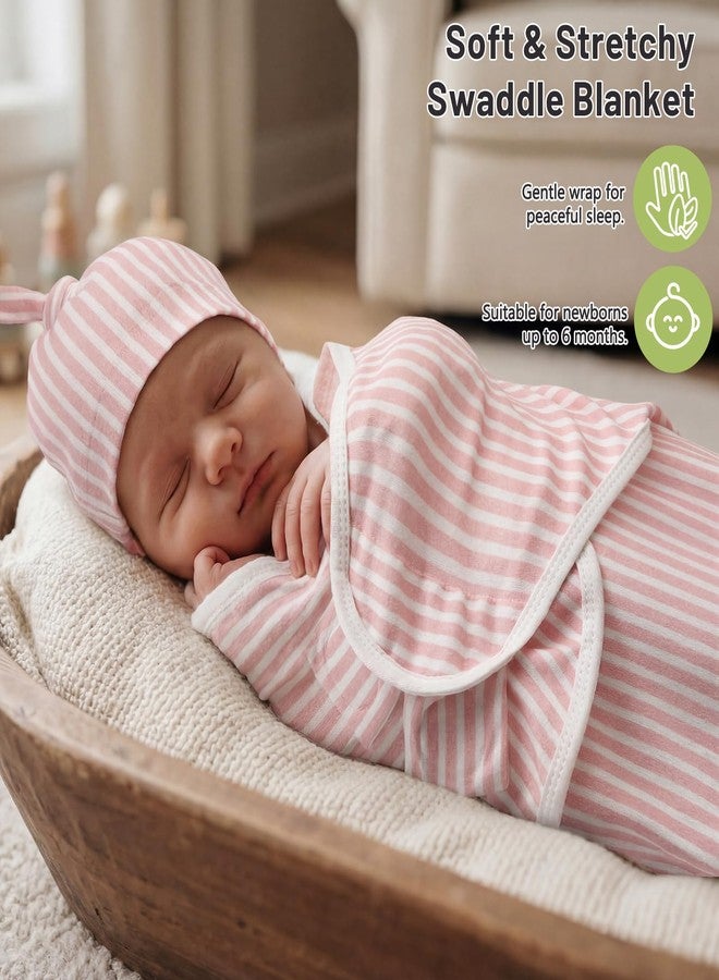 Janmercy 3 Pack Newborn Swaddle Blankets with Matching Hats Soft 100% Cotton Baby Sacks 0-3 Months for Girls Breathable Pink Floral Striped & Bow Print Swaddling Wraps Infant Essentials - Image 3