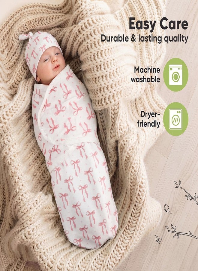 Janmercy 3 Pack Newborn Swaddle Blankets with Matching Hats Soft 100% Cotton Baby Sacks 0-3 Months for Girls Breathable Pink Floral Striped & Bow Print Swaddling Wraps Infant Essentials - Image 5