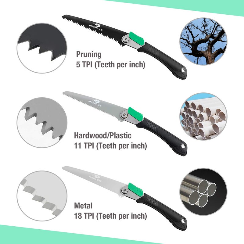 MOSSY OAK 3 in 1 Folding Saw, Pruning Hand Saw with Wood, Metal and PVC Blade, Camping Saw for Backpacking, Hunting and Bushcraft, Pouch Included - Image 5