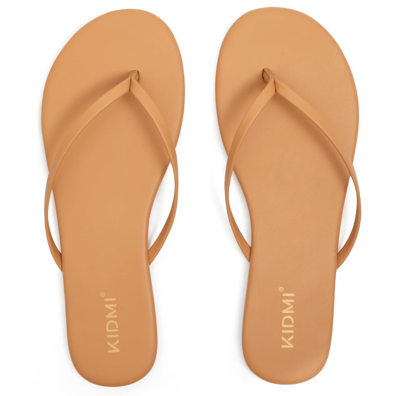 KIDMI Thong Flip Flops for Women - Memory Foam Summer Beach Sandals for Women - Vegan Leather Flat Sandals, Tan EU 39 - Image 4