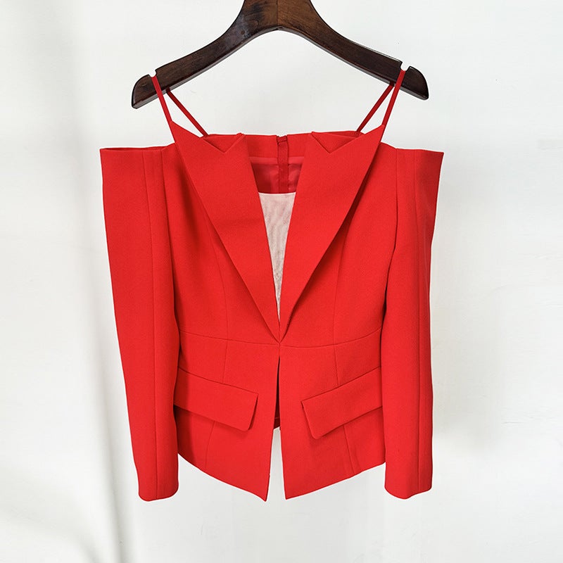 in stock 2024 New European and American Star Fashion Design Sense Zipper Personalized One-word Collar Shoulder-drop Suit Jacket Red 