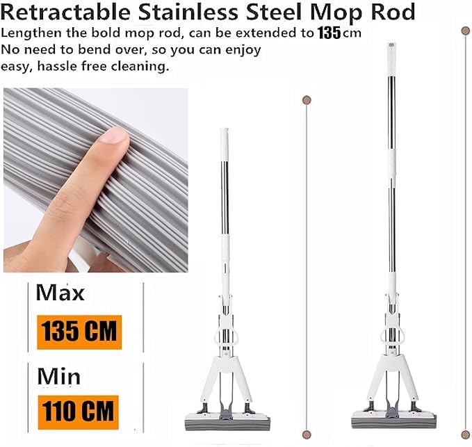 Calyrex PVA Sponge Mops for Floor Cleaning Squeeze with 60 Long Handle Self Wringing Mop with 15 Head for Kitchen Bathroom Tiles Sponge Mops for Floor Cleaning with Wringer - Image 3