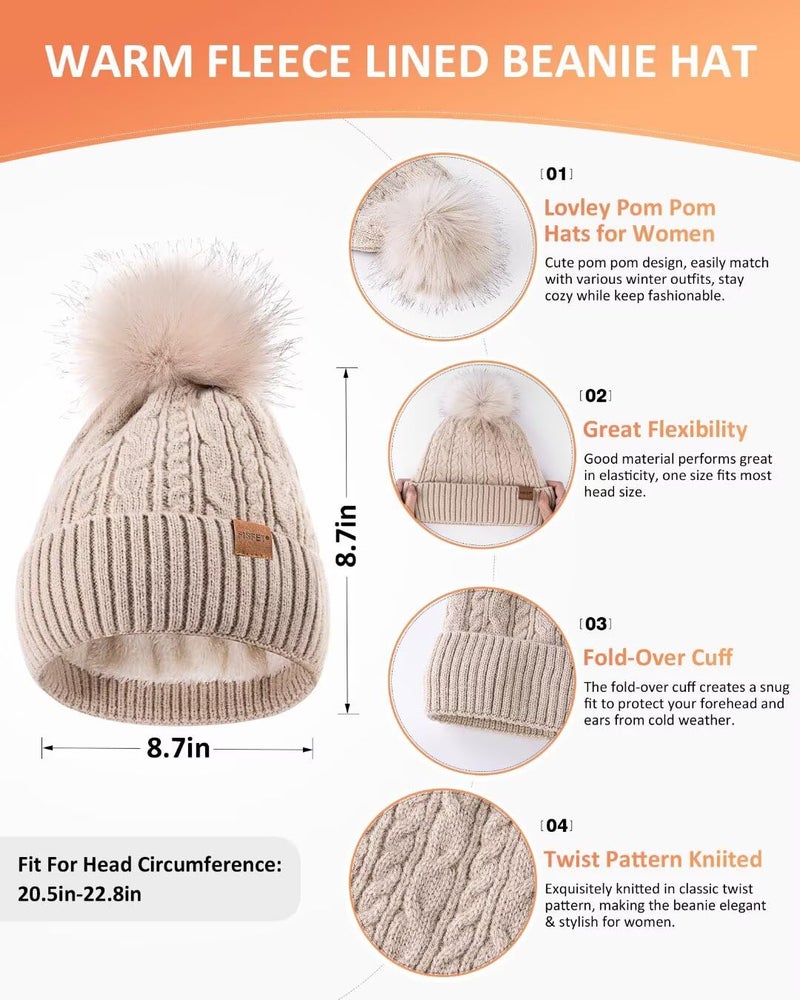 FISFET Winter Beanie Hat Scarf Gloves Set for Women, Pom Pom Beanie with Fleece Lined Long Knit Neck Warmer Touchscreen Gloves, Warm 3 in 1 Stocking Stuffers Gift Set for Mom Her Cold Weather(White) - Image 2