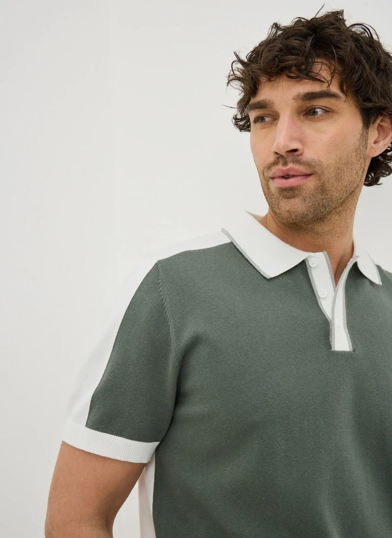 Matalan Green Colour Block Knitted Polo Shirt