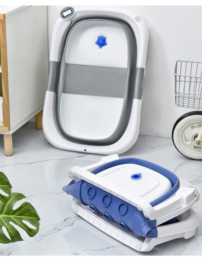 تراسل حوض استحمام قابل للطي للأطفال، حوض استحمام للأطفال مع وسادة ناعمة وميزان حرارة، حوض استحمام محمول متعدد الوظائف للسفر مع فتحة تصريف، حوض استحمام قابل للطي لحديثي الولادة من 0-36 شهر - Image 4