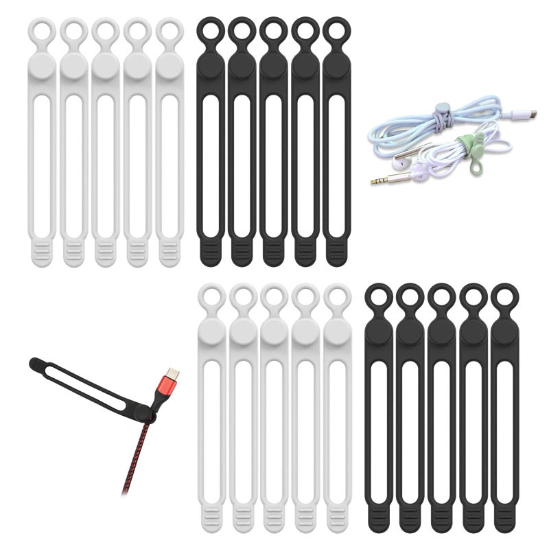 UMUST 20pcs Silicone Cable Ties,Reusable Cable Management Organizer, Wire Tiesï¼ŒTravel Cord Tiesï¼ŒCord Organizer for Bundling Cable Cords in Home,Office,Kitchen,School(White Black) - Image 1
