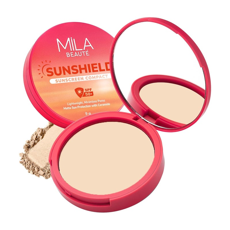 Mila Beaute واقي شمس شيلد SPF 50 PA+++ حماية من الأشعة فوق البنفسجية مضغوط | يموه المسام وتغطية كاملة | خفيف الوزن | مدعوم بفيتامين E | مصمم لجميع أنواع البشرة | ظل - 2 نود - Image 1