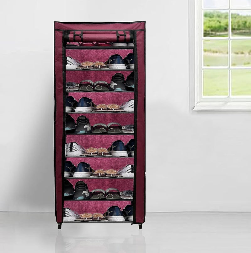PHILOSHOP PHILOSHOP Premium 9 Tiers Shoe RackMultipurpose Storage Rack with Dustproof Cover Iron Pipes Non Woven Fabric Plastic Connector DIY Maroon - Image 1