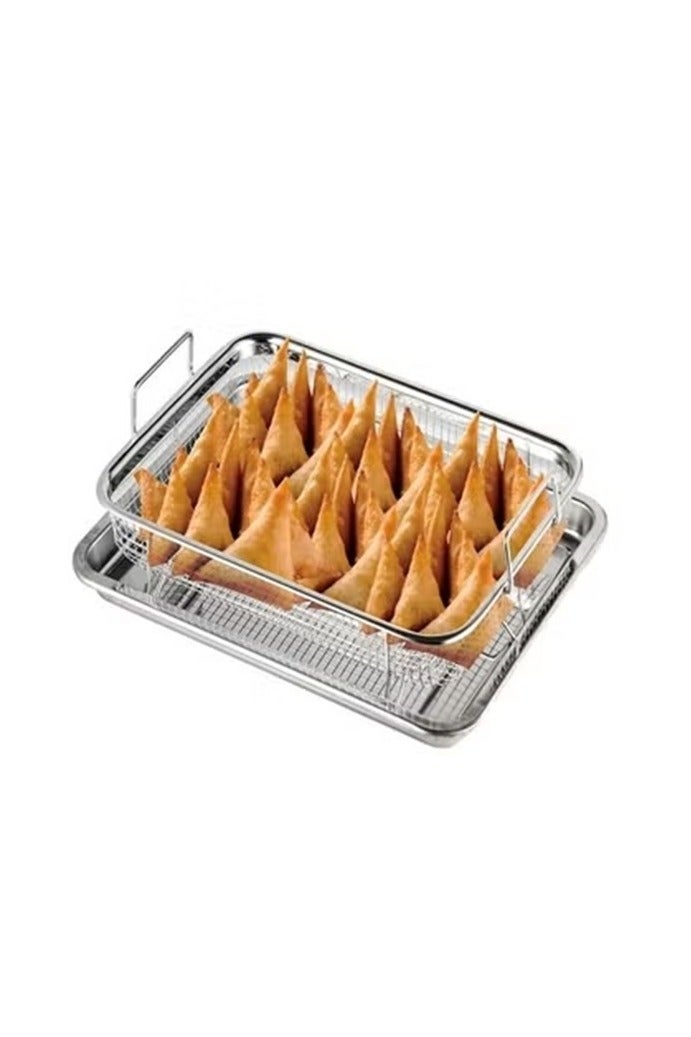 مقلاة فرن من الفولاذ المقاوم للصدأ، وسلة مقلاة هوائية وصينية مقلاة عميقة باللون الفضي - Image 1