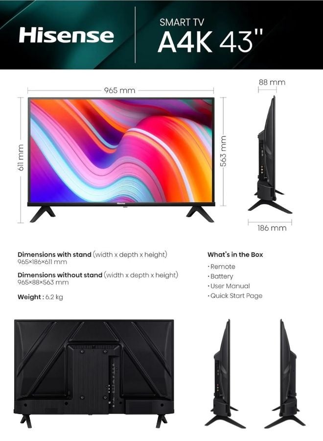 Hisense 43-Inch Full HD Smart LED TV | VIDAA OS, Bezel-less Design, AI Sports Mode, Game Mode, DTS Surround Sound, HDMI & USB Connectivity, YouTube, Shahid 43A4K Black - Image 2